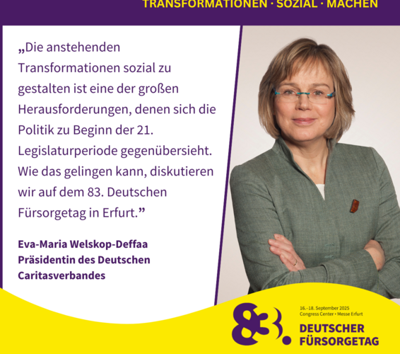 Grafik im DFT-Design mit Zitat und Portraitfoto von Eva Maria Welskop-Deffaa – 
