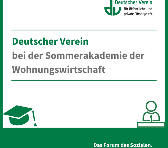 Grafik zeigt Schriftzug "Deuscher Verein bei Sommerakademie der Wohnungswirtschaft" sowie eine Person am Pult und einen Absolventenhut