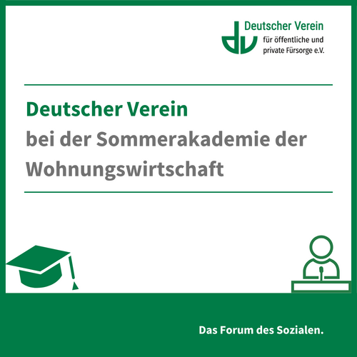Grafik zeigt Schriftzug "Deuscher Verein bei Sommerakademie der Wohnungswirtschaft" sowie eine Person am Pult und einen Absolventenhut