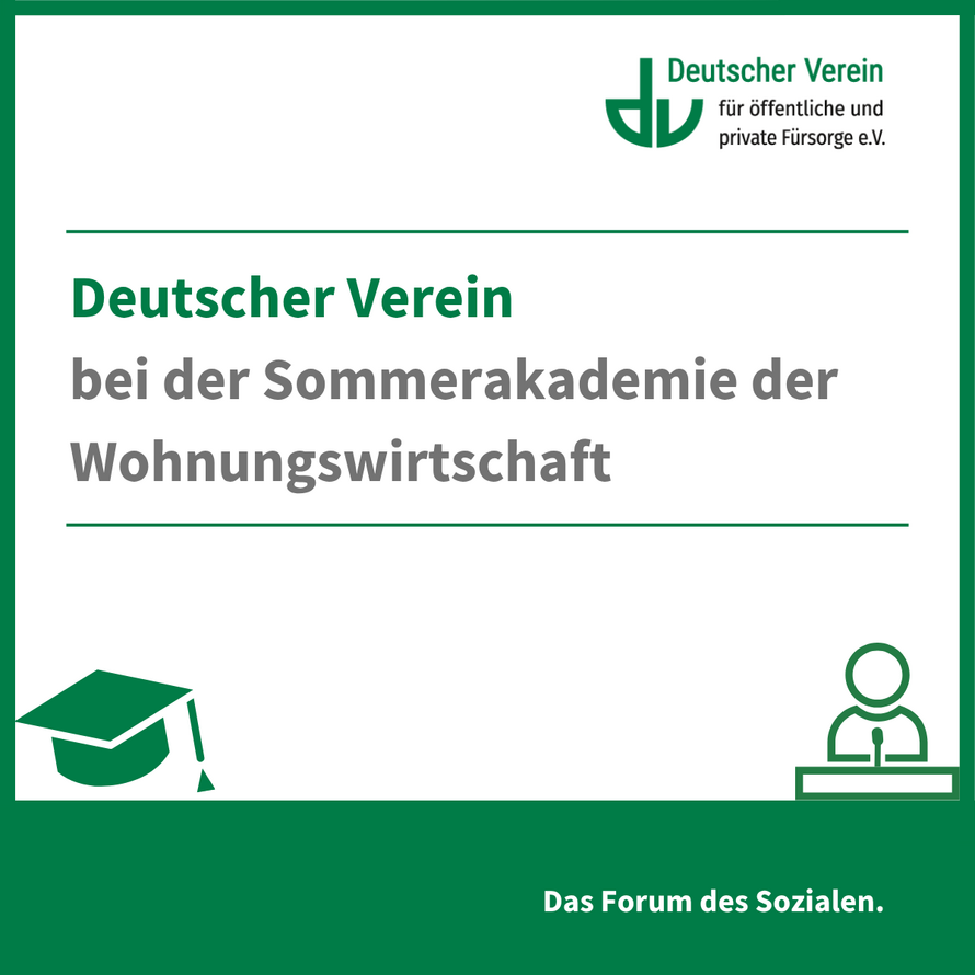 Grafik zeigt Schriftzug "Deuscher Verein bei Sommerakademie der Wohnungswirtschaft" sowie eine Person am Pult und einen Absolventenhut