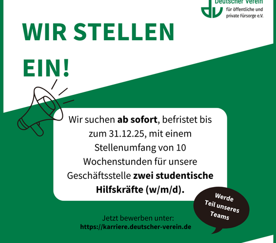 Grafik mit Aufruf zur Bewerbung für zwei Werkstudierendenstellen in unserer Geschäftsstelle. Farbliche Gestaltung: grün und weiß –