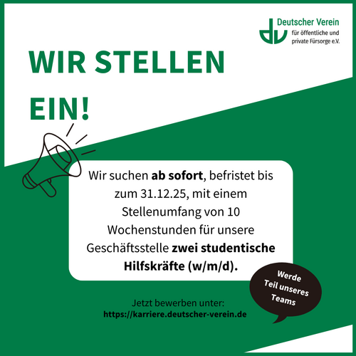 Grafik mit Aufruf zur Bewerbung für zwei Werkstudierendenstellen in unserer Geschäftsstelle. Farbliche Gestaltung: grün und weiß – 
