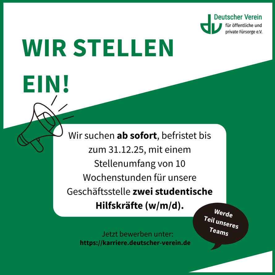 Grafik mit Aufruf zur Bewerbung für zwei Werkstudierendenstellen in unserer Geschäftsstelle. Farbliche Gestaltung: grün und weiß –