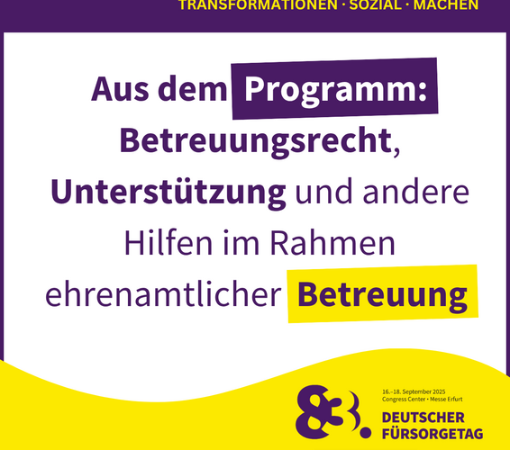 Grafik im DFT-Design mit der Aufschrift "Aus dem Programm: Betreuungsrecht, Unterstützung und andere Hilfen im Rahmen ehrenamtlicher Betreuung" – 
