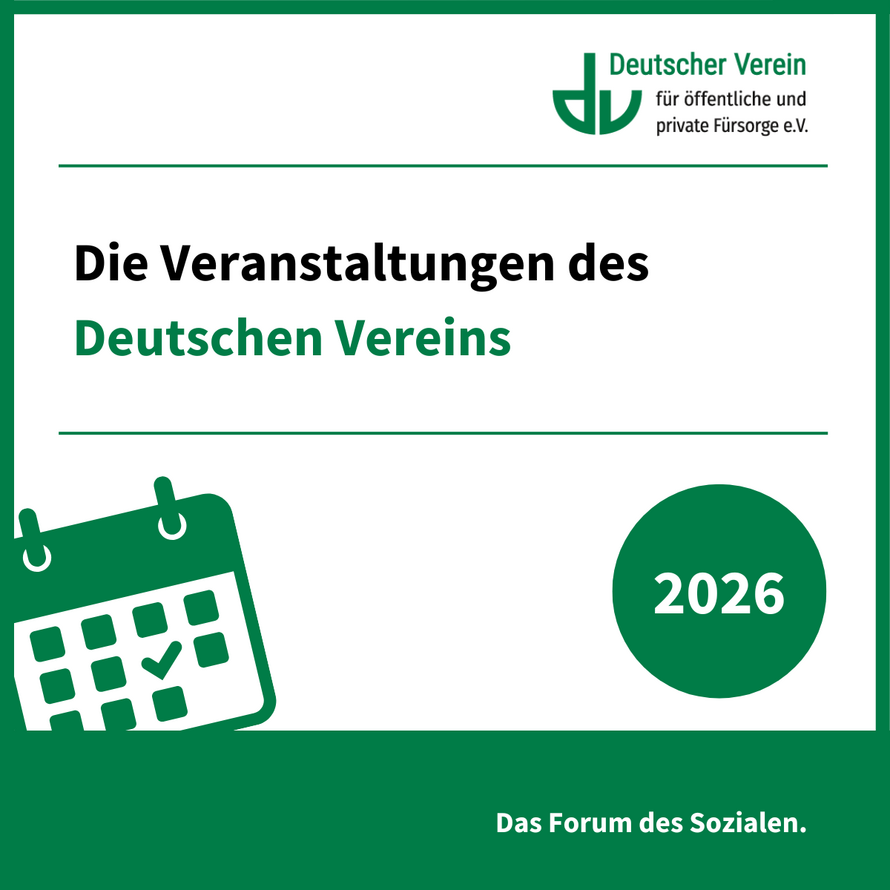 Grafik mit dem Hinweis auf die Veranstaltungen des Deutschen Vereins 2026. Farbliche Gestaltung: grün und weiß – 