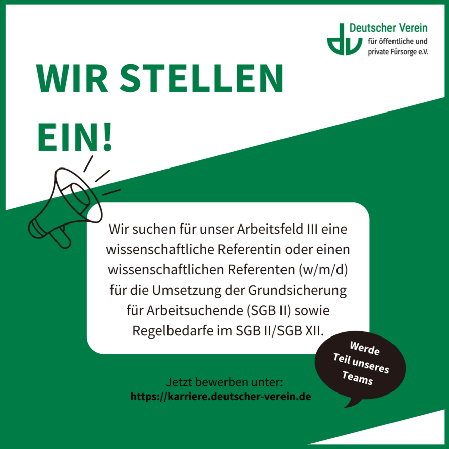 Grafik in den Farben des Deutschen Vereins und einer kurzen Stellenanzeige. –