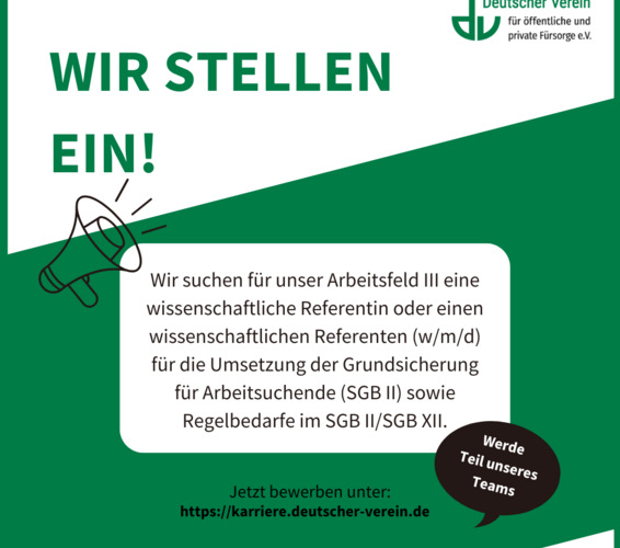 Grafik in den Farben des Deutschen Vereins und einer kurzen Stellenanzeige. – 