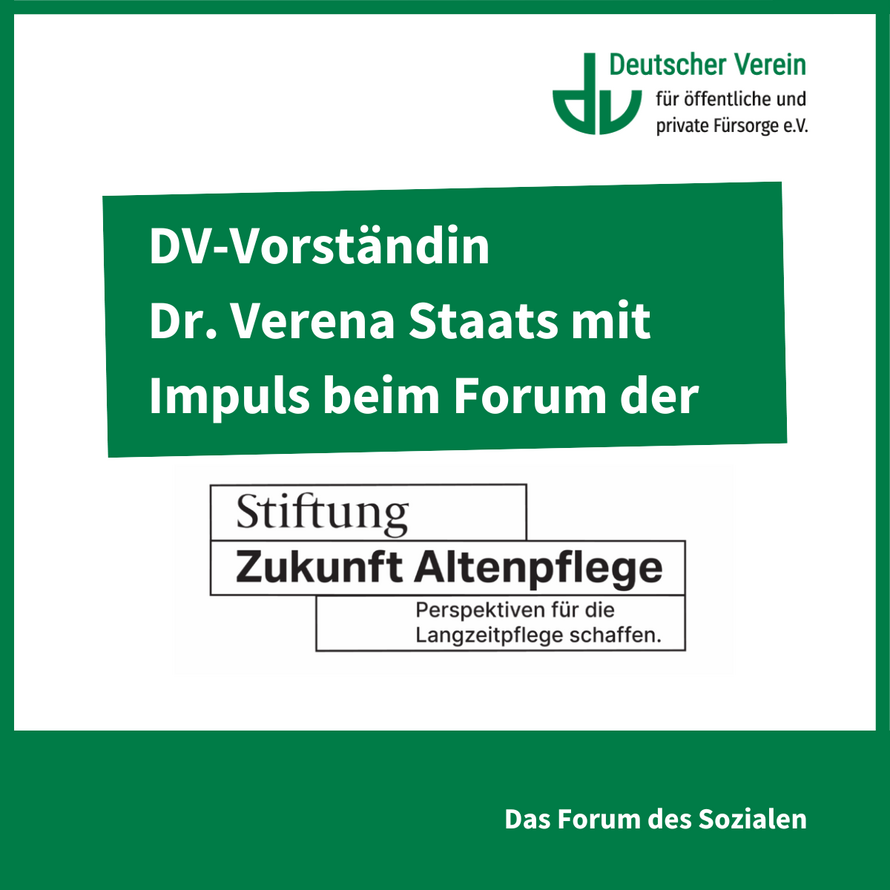 Grafik mit der Aufschrift: DV-Vorständin Dr. Verena Staats mit Impuls beim Forum der Stiftung Zukunft Altenpflege – 
