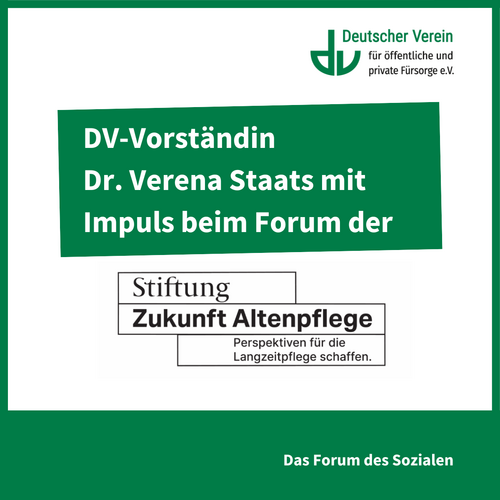 Grafik mit der Aufschrift: DV-Vorständin Dr. Verena Staats mit Impuls beim Forum der Stiftung Zukunft Altenpflege – 