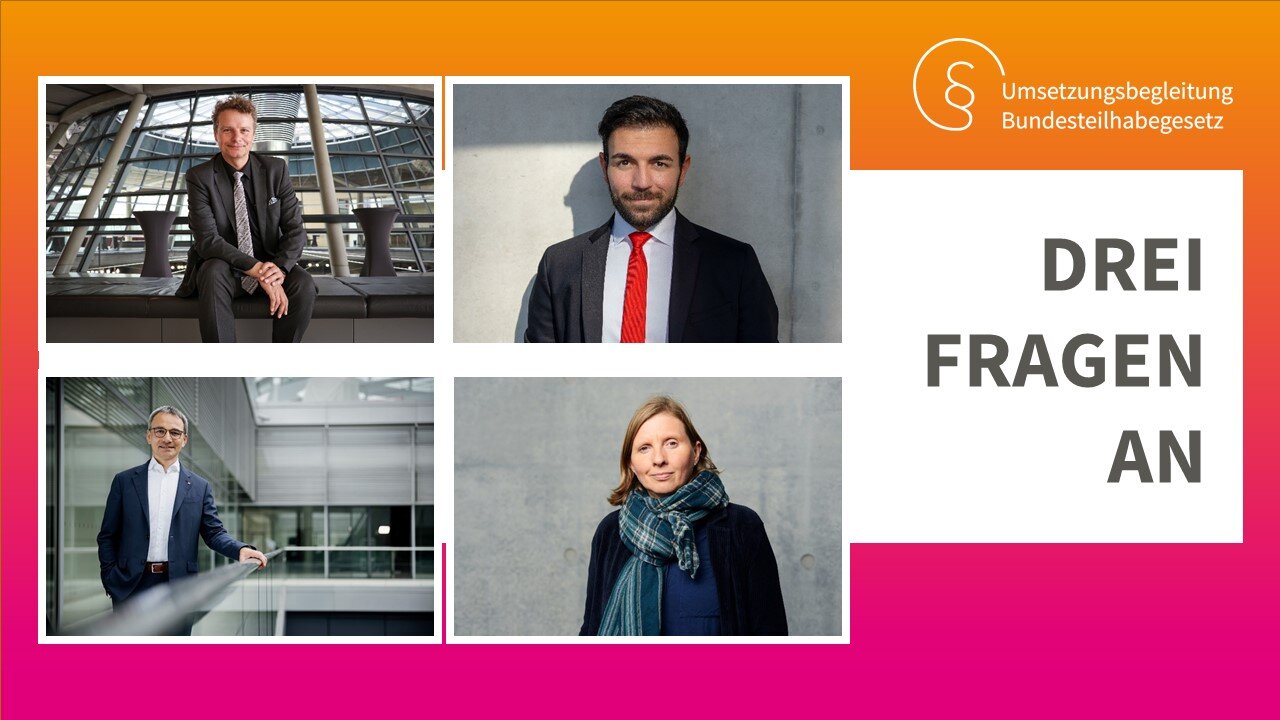 Orange-pinke Grafik mit Porträtfotos Jens Beeck, teilhabepolitischer Sprecher der FDP-Bundestagsfraktion, Takis Mehmet Ali, behindertenpolitischer Sprecher der SPD-Bundestagsfraktion, Wilfried Oellers, Beauftragter der CDU/CSU-Fraktion für die Teilhabe von Menschen mit Behinderungen und Corinna Rüffer, Sprecherin für Behindertenpolitik der Bundestagsfraktion BÜNDNIS 90/Die Grünen. Auf einem weißen Rechteck steht in grauer Schrift „Drei Fragen an“. In der oberen rechten Ecke befindet sich das Logo des Projekts „Umsetzungsbegleitung Bundesteilhabegesetz“. –