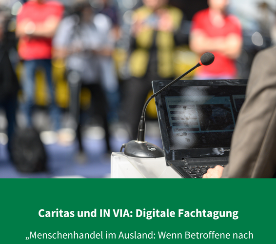 Laptop und Redner mit Text-Hinweis zur Fachtagung – 