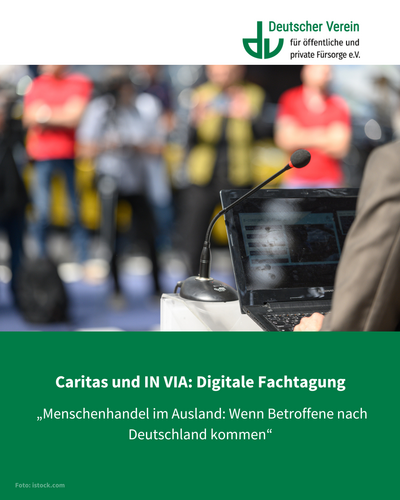 Laptop und Redner mit Text-Hinweis zur Fachtagung – 