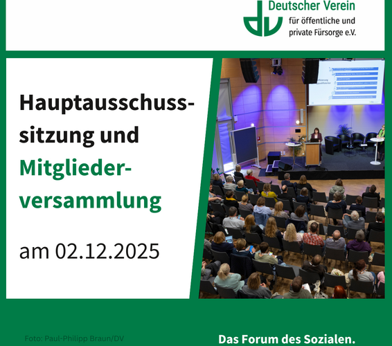 Grafik mit Ankündigung der Hauptausschusssitzung und Mitgliederversammlung des Deutschen Vereins am 02.12.2025. Farbliche Gestaltung: grün und weiß; Auf dem Foto ist eine Rednerin auf der Bühne vor einem Publikum zu sehen. – 