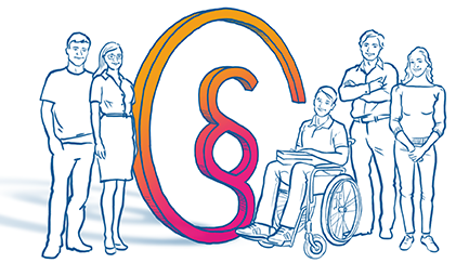 Das Bild ist eine Illustration in Weiß und Blau mit einzelnen in Farbe hervorgehobenen Elementen. Die Illustration zeigt das Projektlogo im Zentrum. Links davon stehen zwei Personen und rechts davon drei Personen, als würden sie für ein Foto posieren. Eine Person sitzt in einem Rollstuhl. –